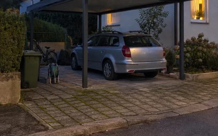 Stahl-Carport an einem Einfamilienhaus